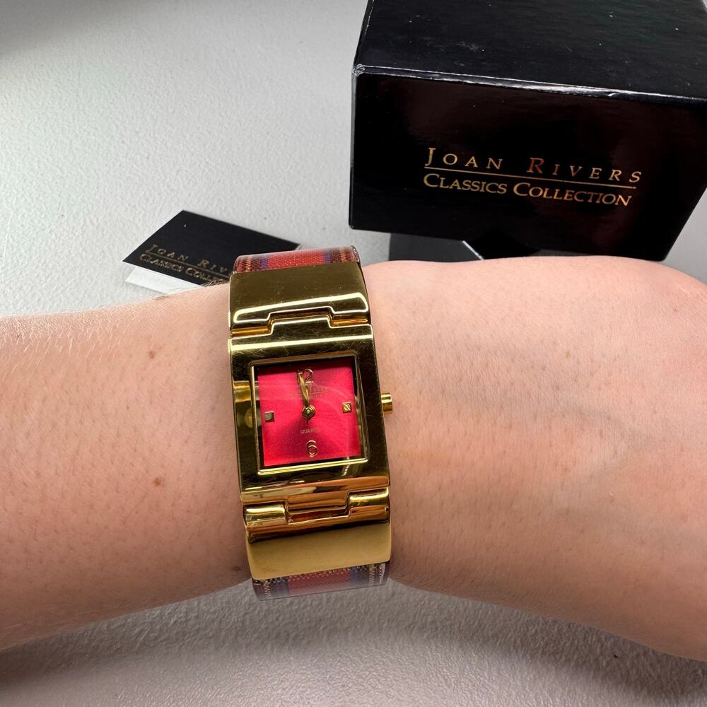 Joan Rivers Classics Collection Gold Tone Tartan Plaid Bangle Watch w/ Box